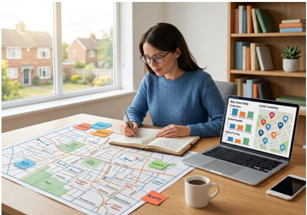 Researcher with a notebook studying a UK neighbourhood before moving